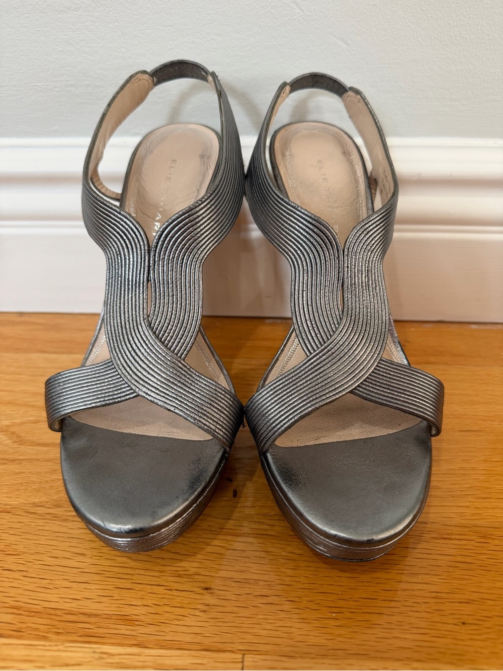 Elie Tahari Cleopatra Metallic Silver Strappy Platform Sandals